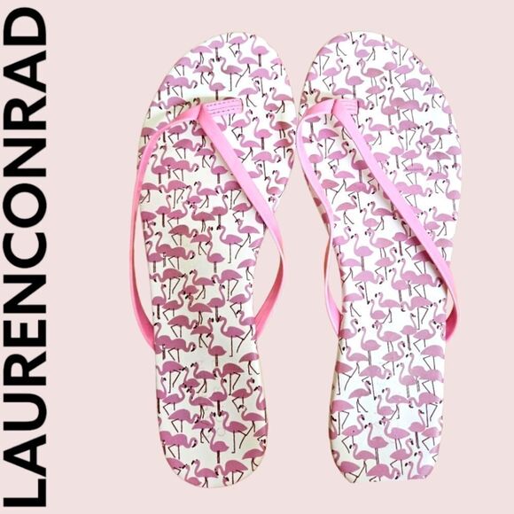 LAUREN CONRD Cute Pink & White Flamingo Flip flop Sandals. - Picture 1 of 11